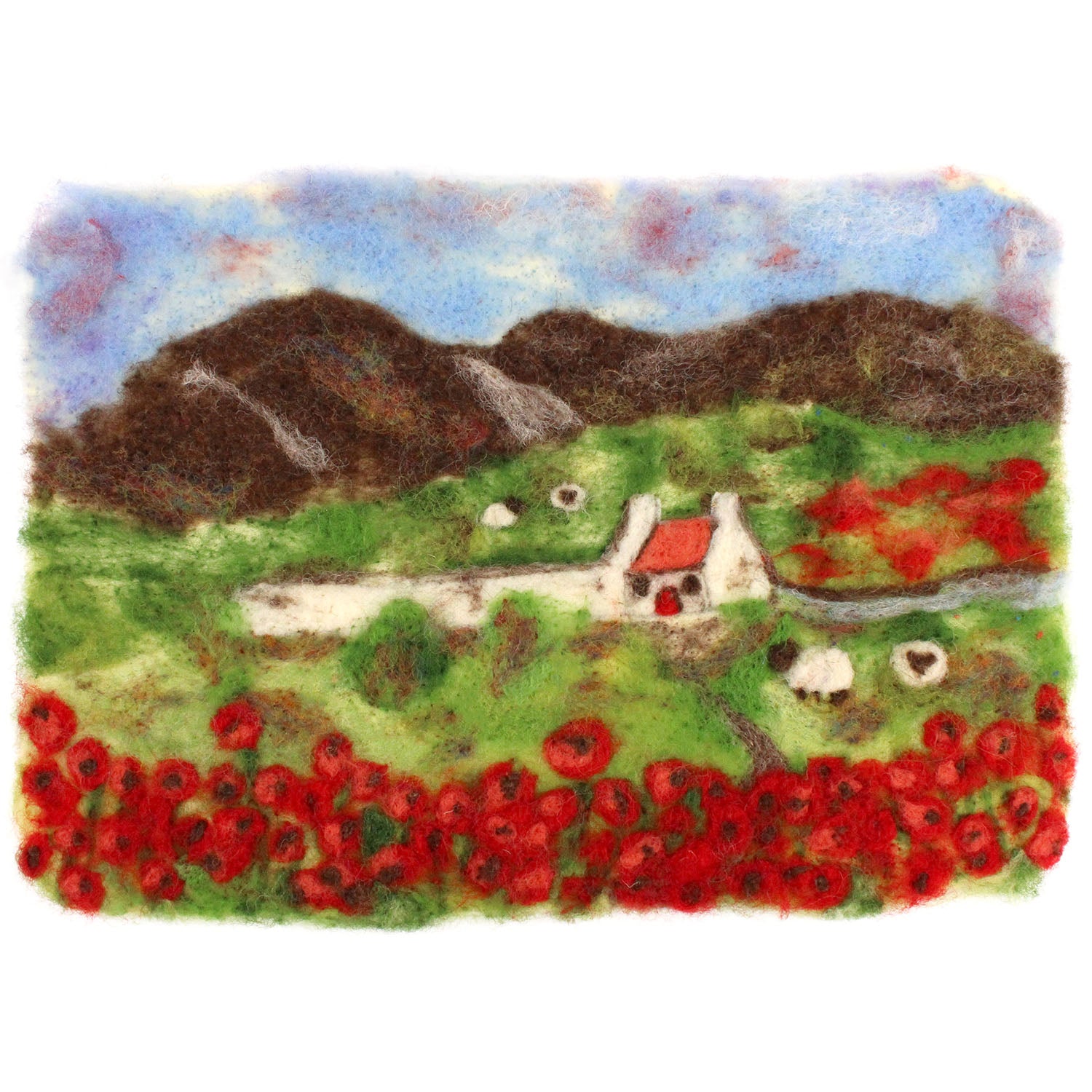 2D needle felted landscape picture with green