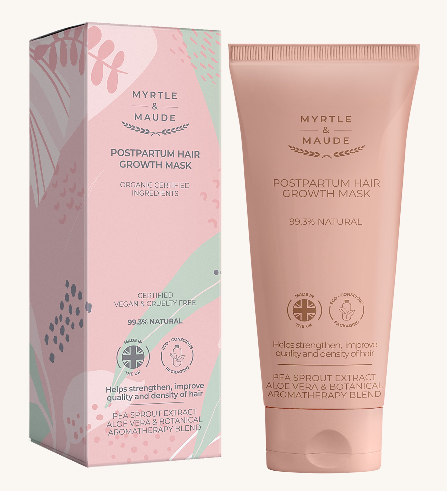 Pink with green leaves postpartum hair growth mask box and a pink tube on a cream background.