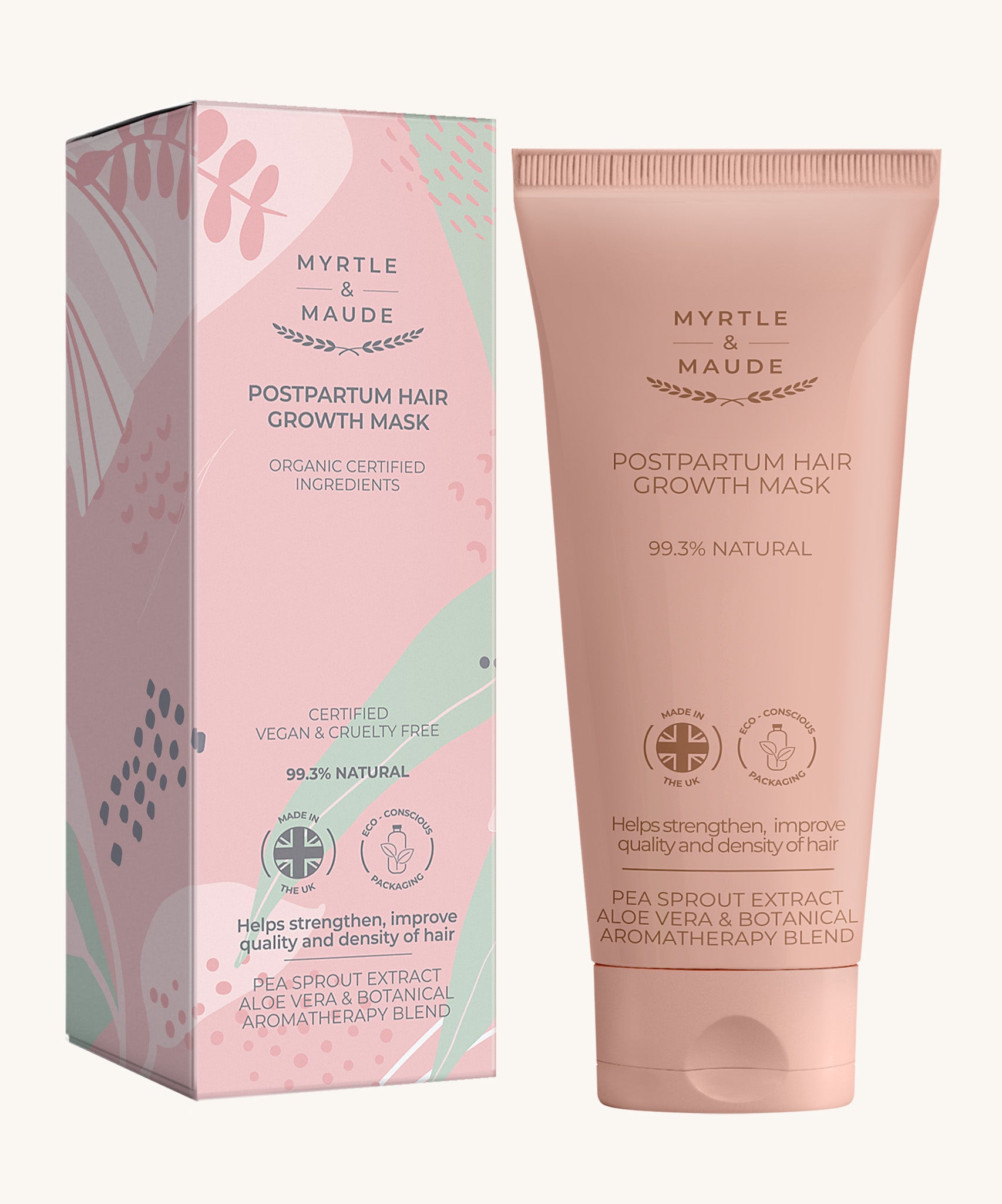 Pink with green leaves postpartum hair growth mask box and a pink tube on a cream background.