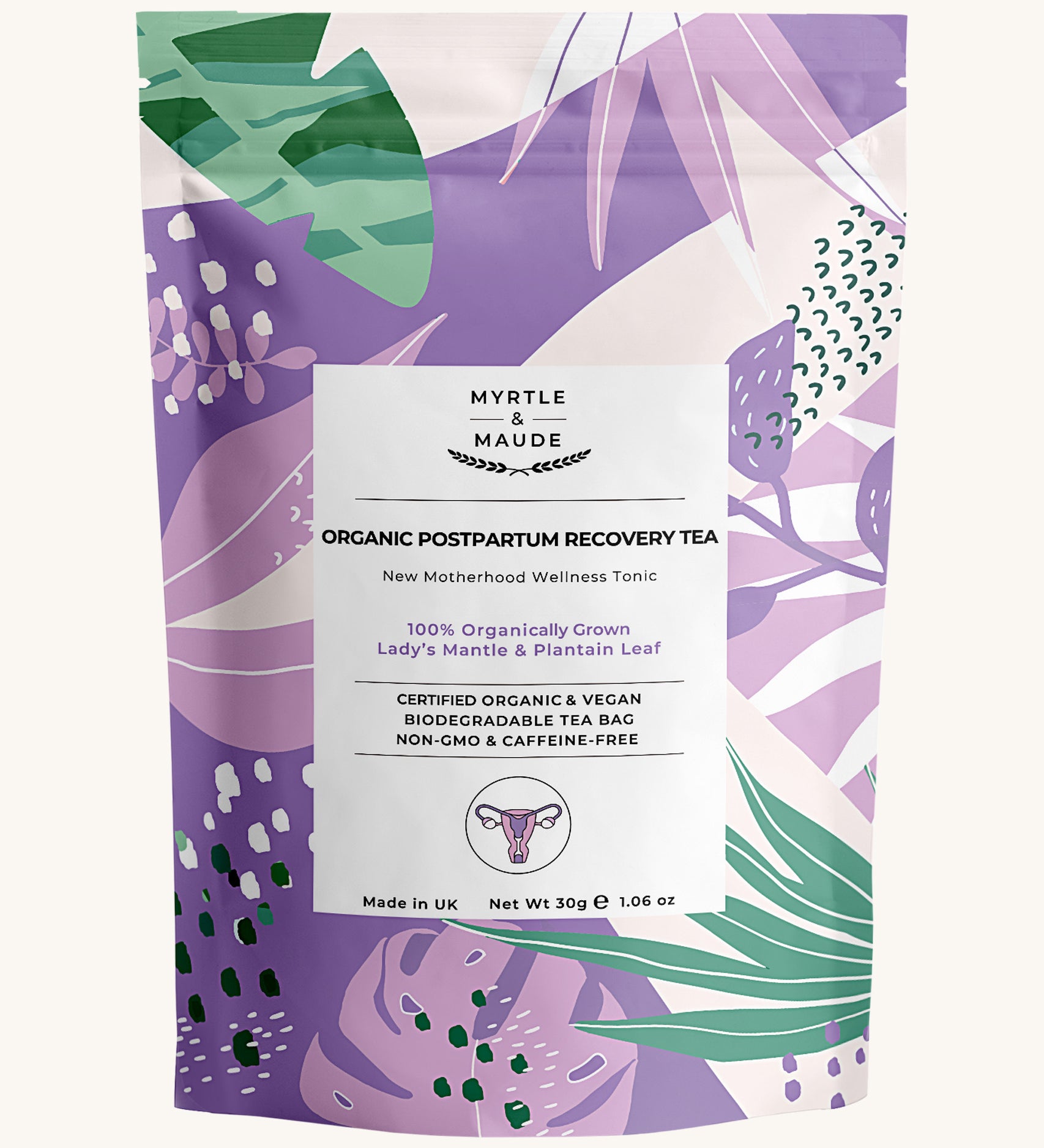 Purple with green leaves postpartum recovery tea pouch on a white background.