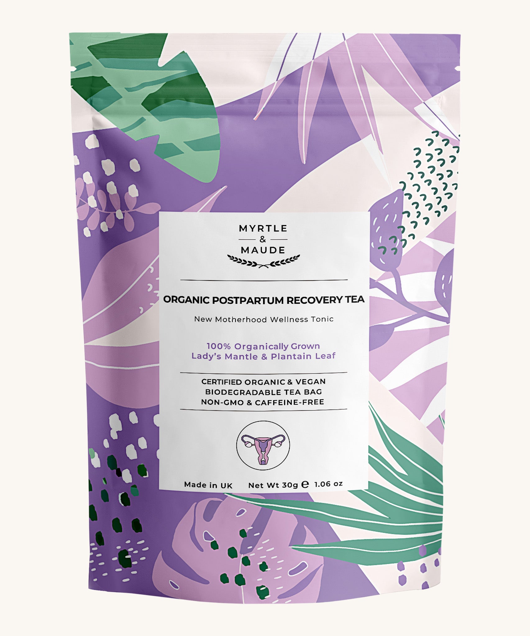 Purple with green leaves postpartum recovery tea pouch on a white background.