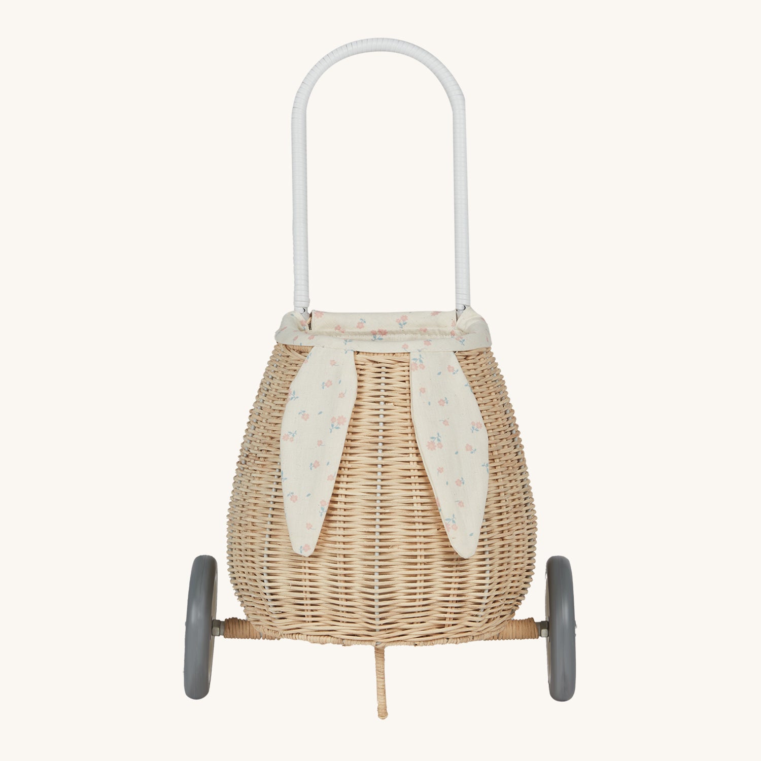 Olli Ella Rattan Bunny Luggy with Lining – Pansy Floral. A beautifully woven pull along Luggy basket with cream cotton lining with a vintage pansy floral pattern