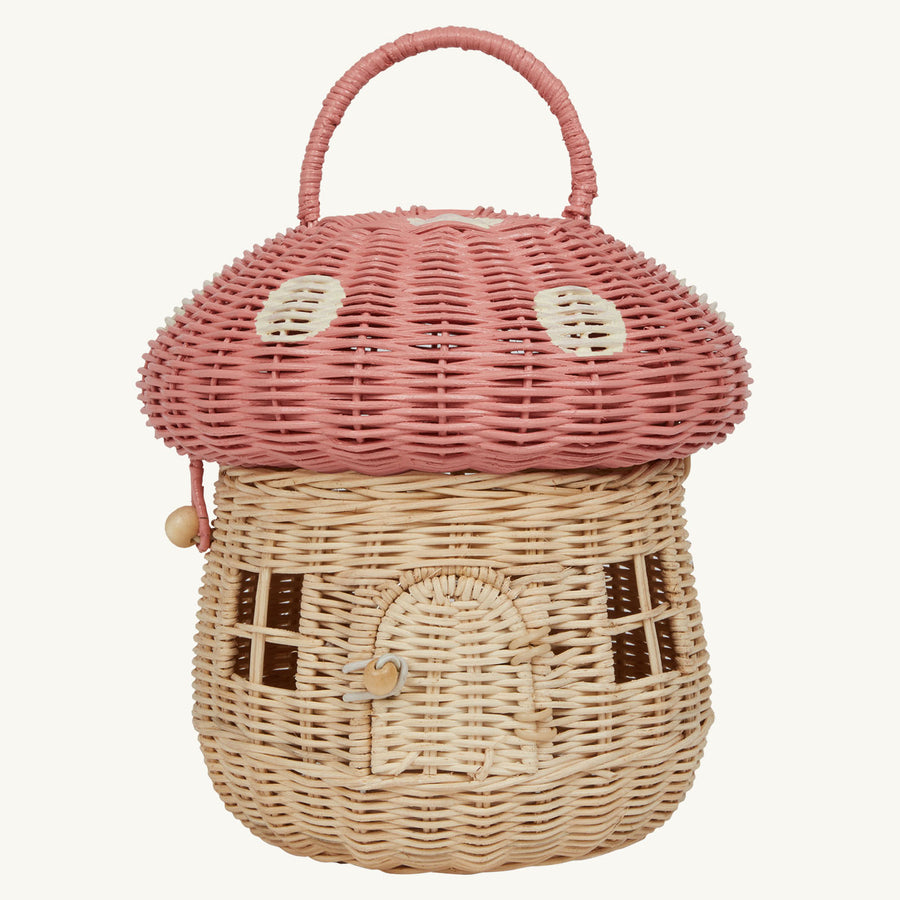 Olli Ella Mushroom Rattan basket with a spotted pink mushroom cap