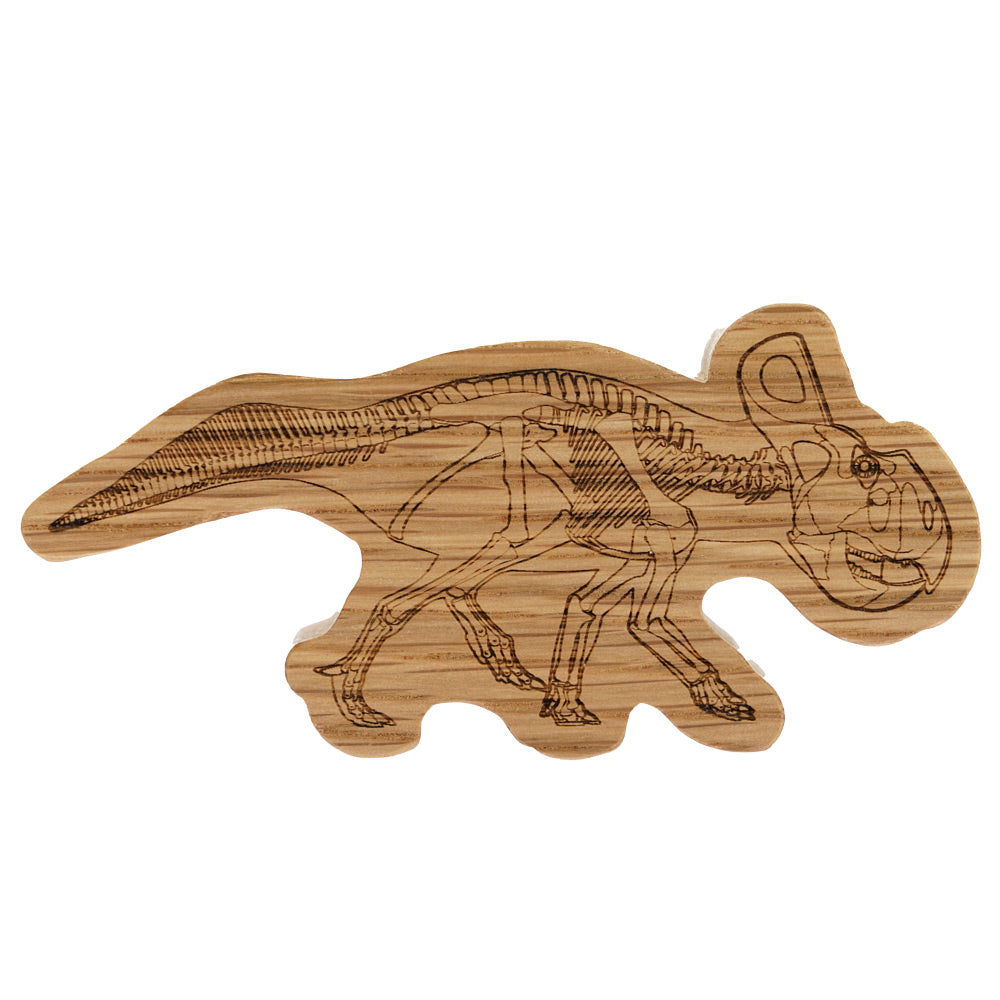 Reel wood plastic-free wooden protoceratops dinosaur toy on a white background