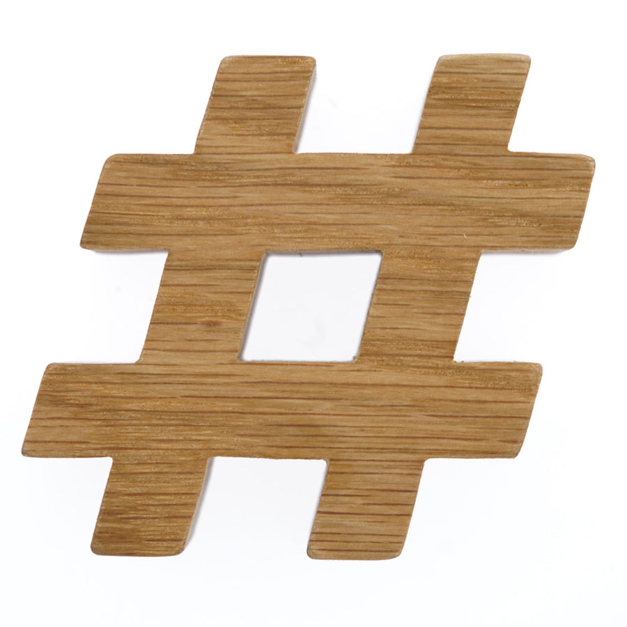 Reel Wood handmade plastic free hashtag symbol block on a white background