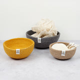 ReSpiin Jute Mini Bowl Set in the mixed beach colourway with bathroom items inside them