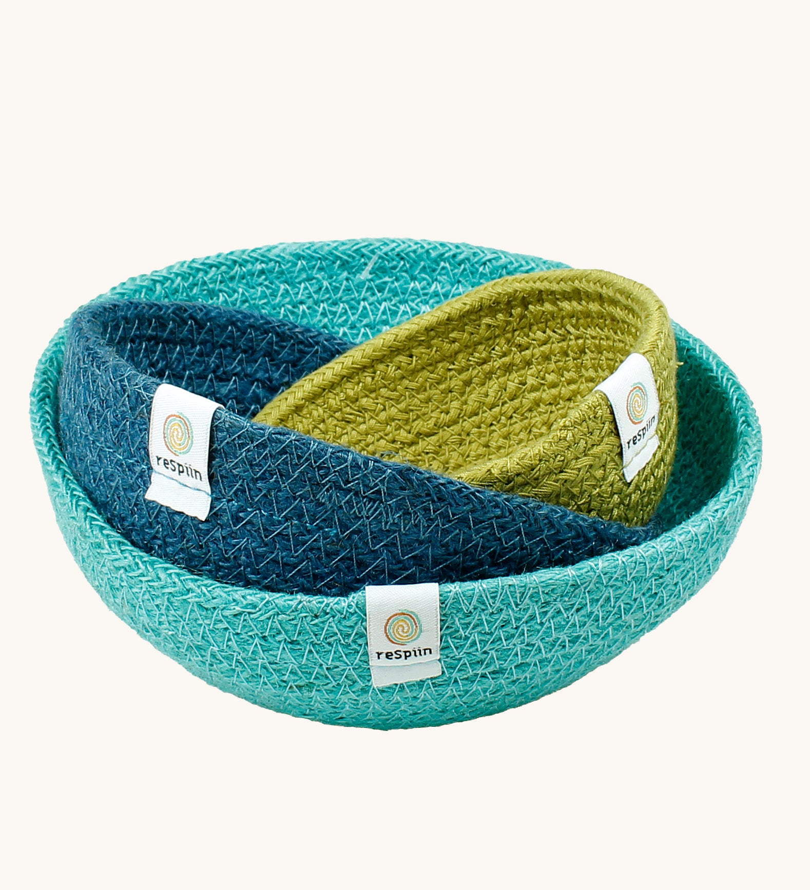 ReSpiin Jute Multicoloured Mini Bowl Set of 3 in the ocean colourway