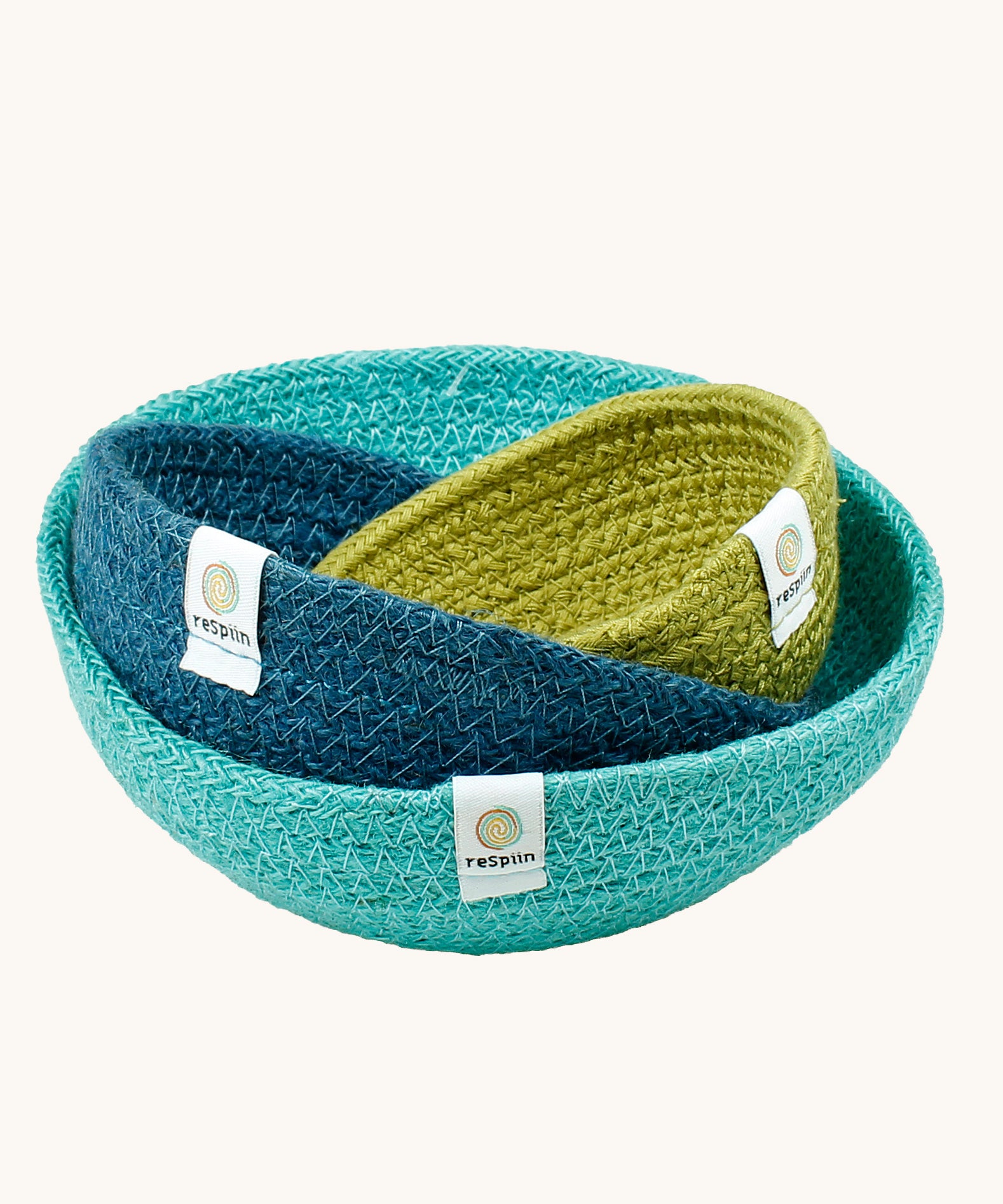 ReSpiin Jute Multicoloured Mini Bowl Set of 3 in the ocean colourway