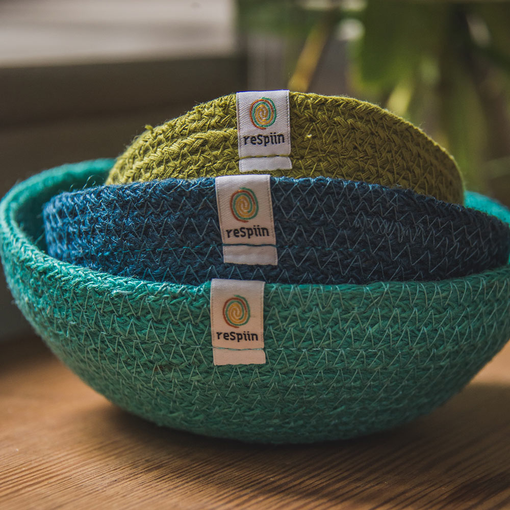 ReSpiin Jute Multicoloured Mini Bowl Set of 3 in the ocean colourway