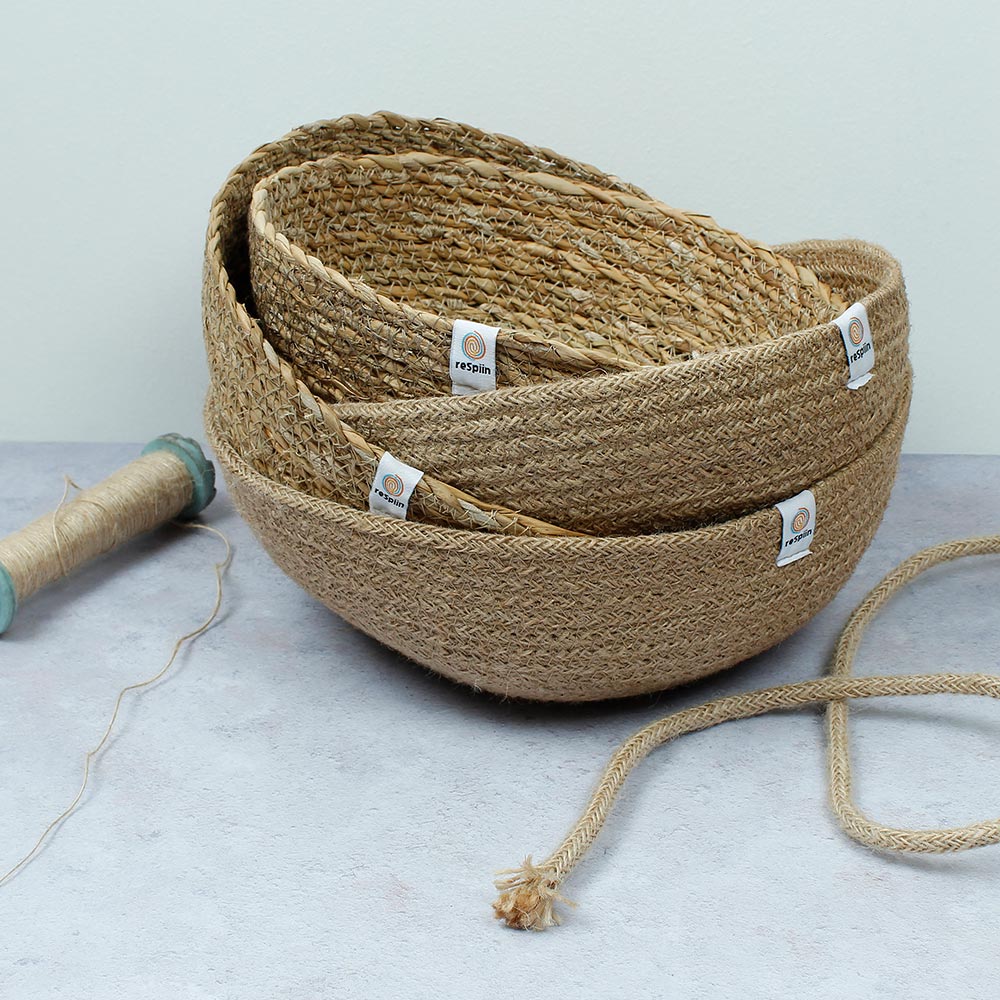 ReSpiin Jute Natural Medium & large woven Bowls from above