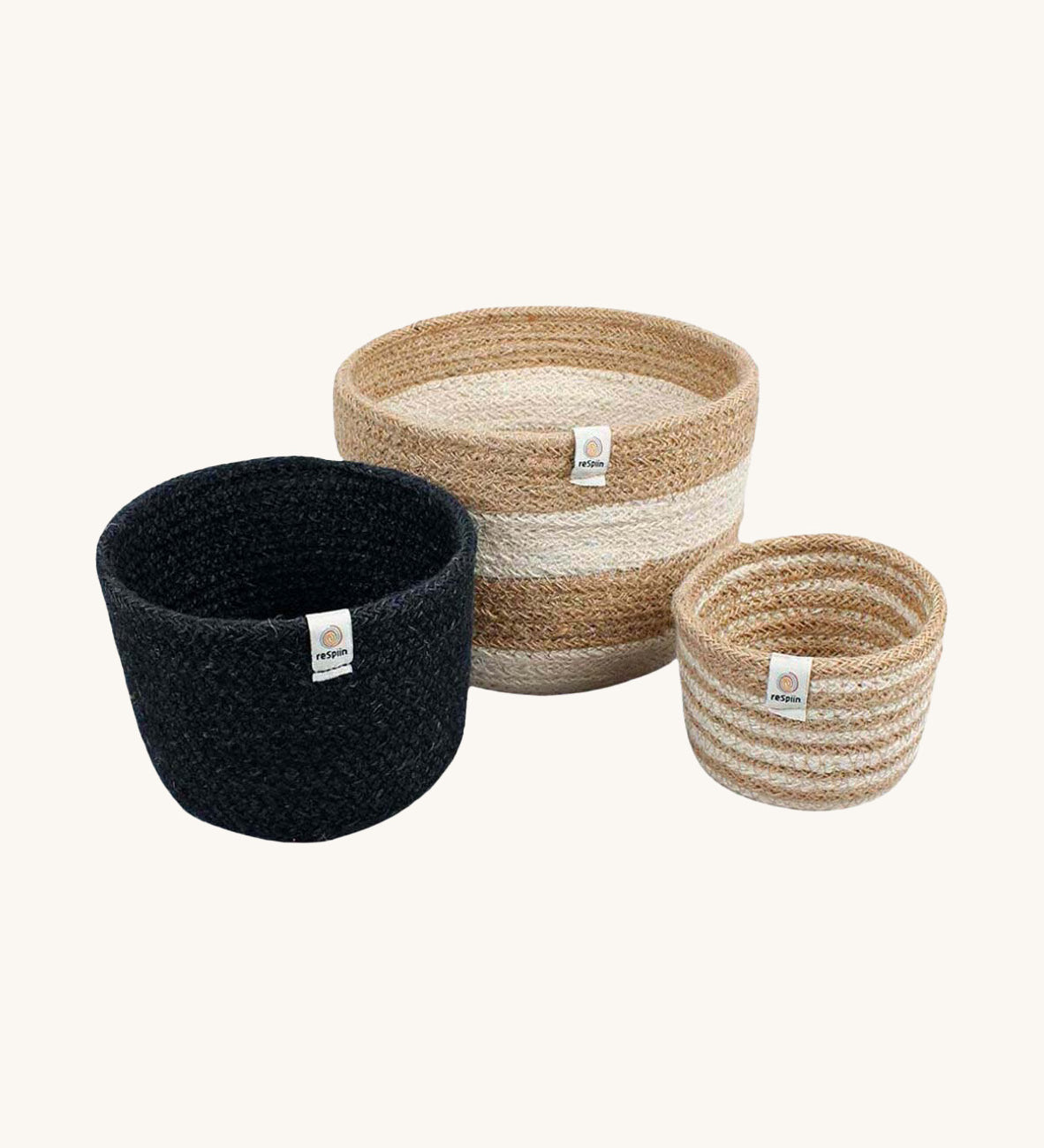 Respiin natural tall baskets in stripe and black colour design on a cream background.