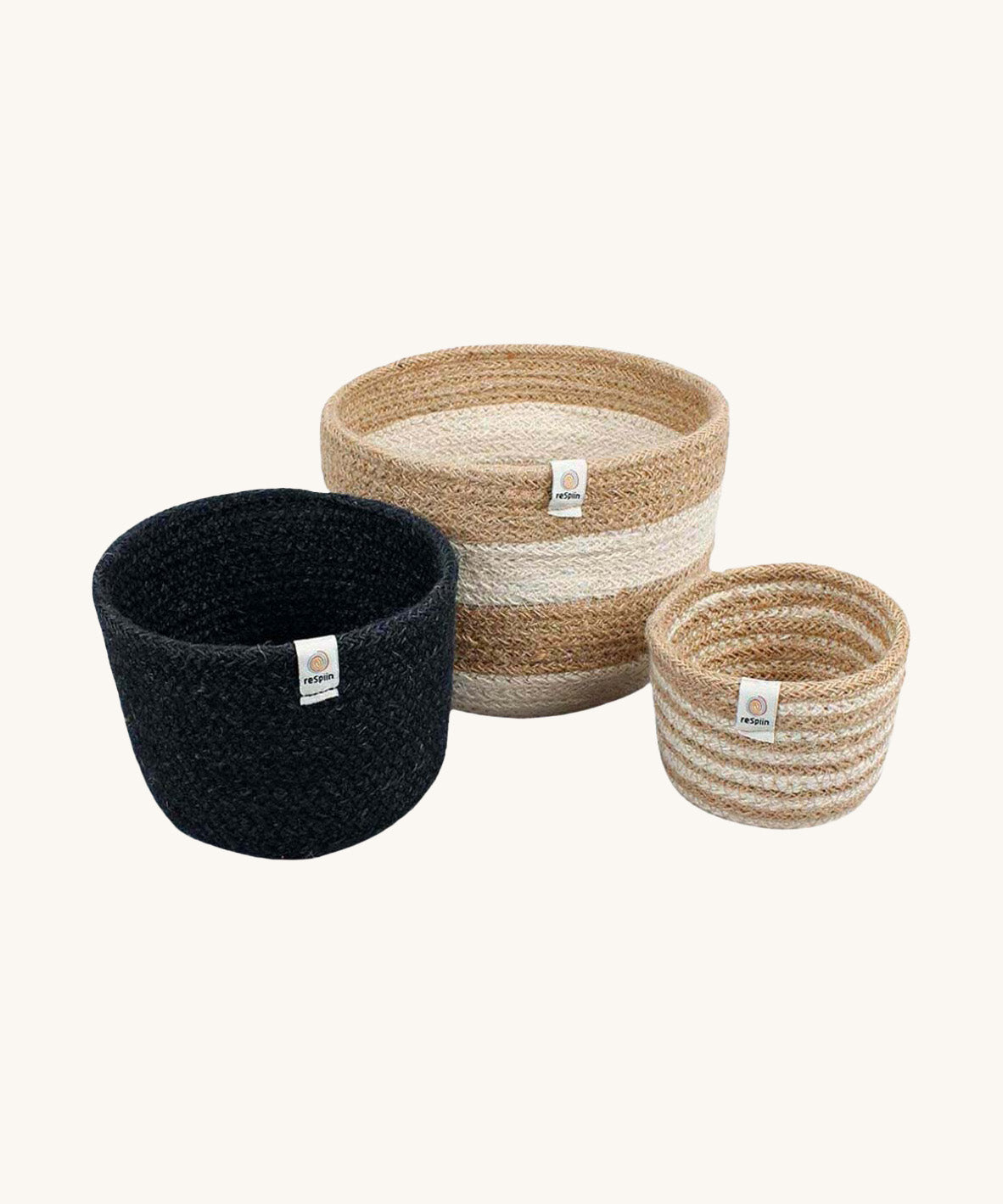 Respiin natural tall baskets in stripe and black colour design on a cream background.