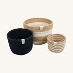 Respiin natural tall baskets in stripe and black colour design on a cream background.