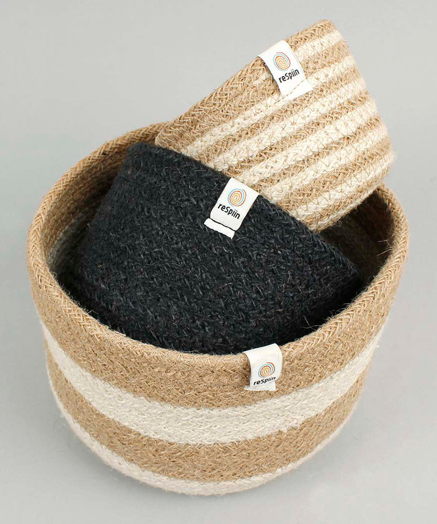 Respiin natural tall baskets in stripe and black colour design stacked