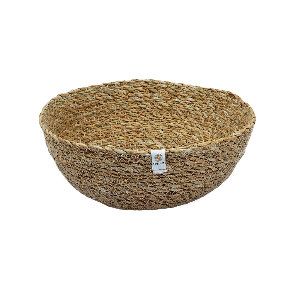 ReSpiin Seagrass Natural large woven Bowl with white label on a white background