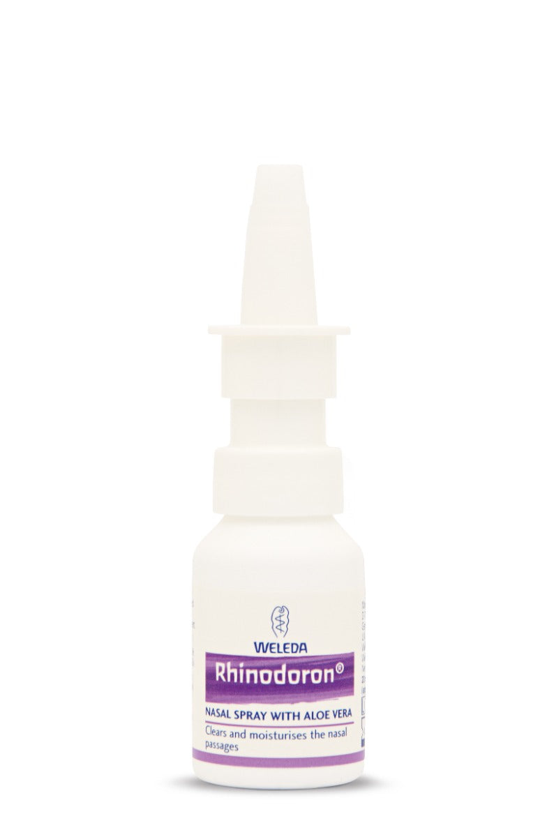 Weleda Rhinodoron Nasal Spray 20ml. With soothing organic aloe vera to moisturise and protect, in a natural saline solution, for adults, children and babies. White spray bottle on a white background.