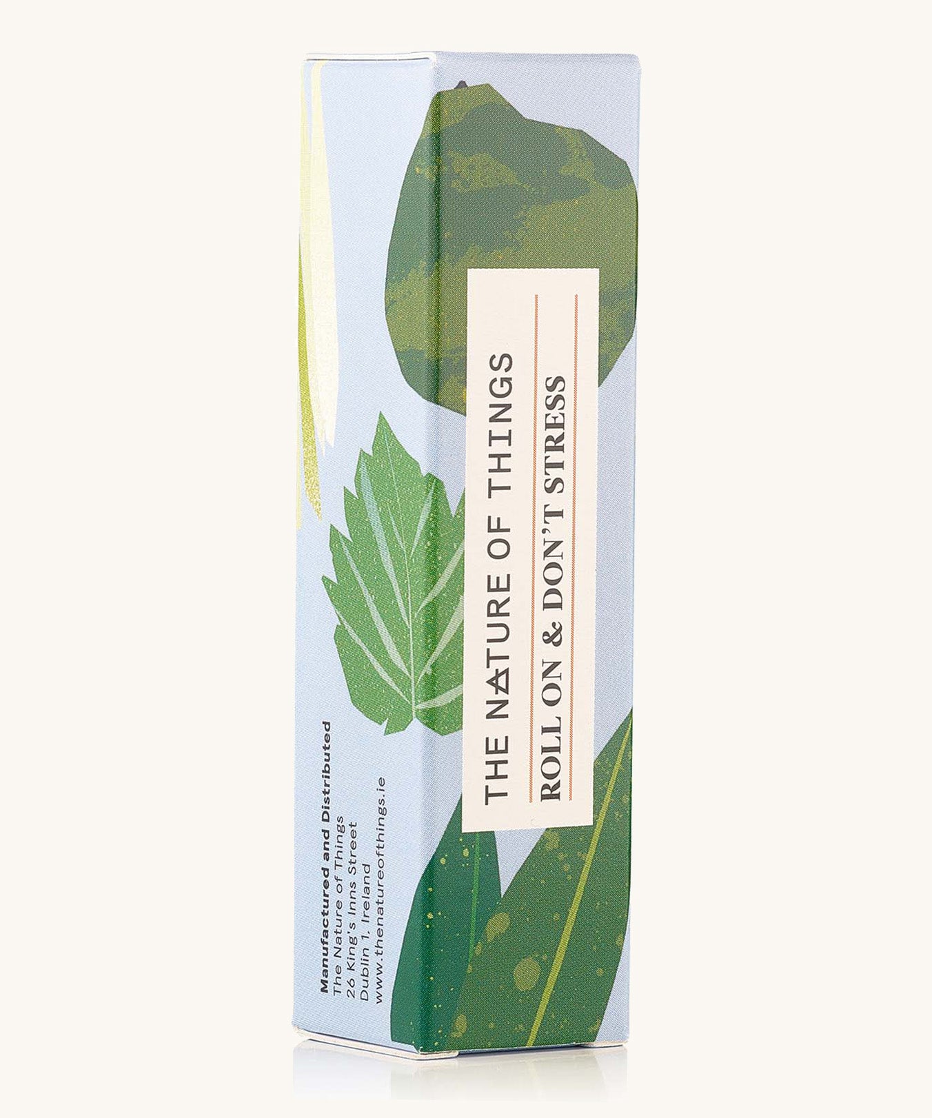 Roll On Don't Stress Essential Oil Blend decorative cardboard packaging.