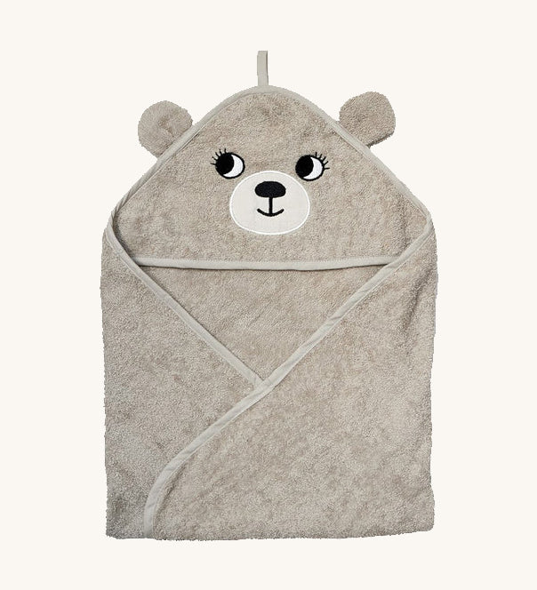 The Roommate kids organic hooded towel, in a grey colour with an embroidered bear face and bear ears. 