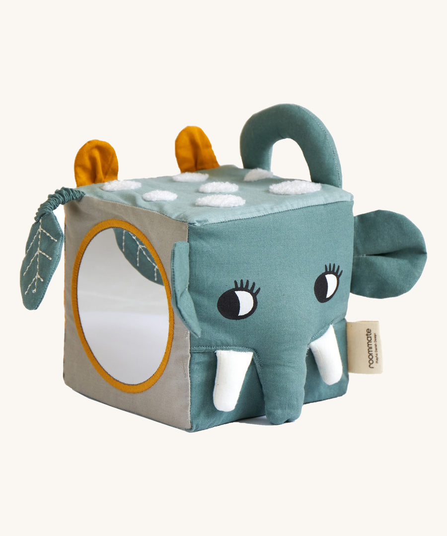 Roommate Jungle animals soft Baby Activity Cube toy on a plain background. 