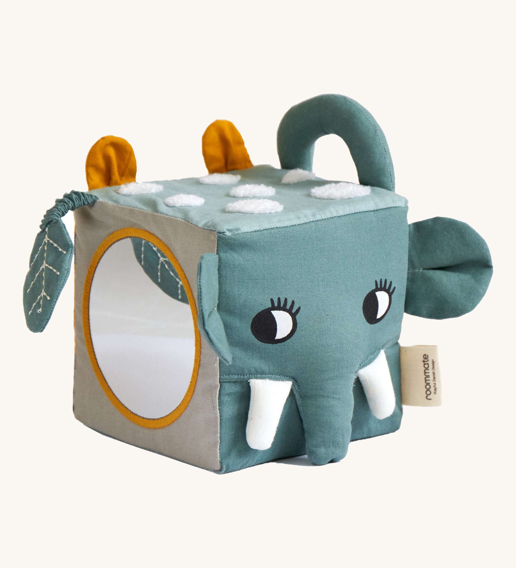 Roommate Jungle animals soft Baby Activity Cube toy on a plain background. 