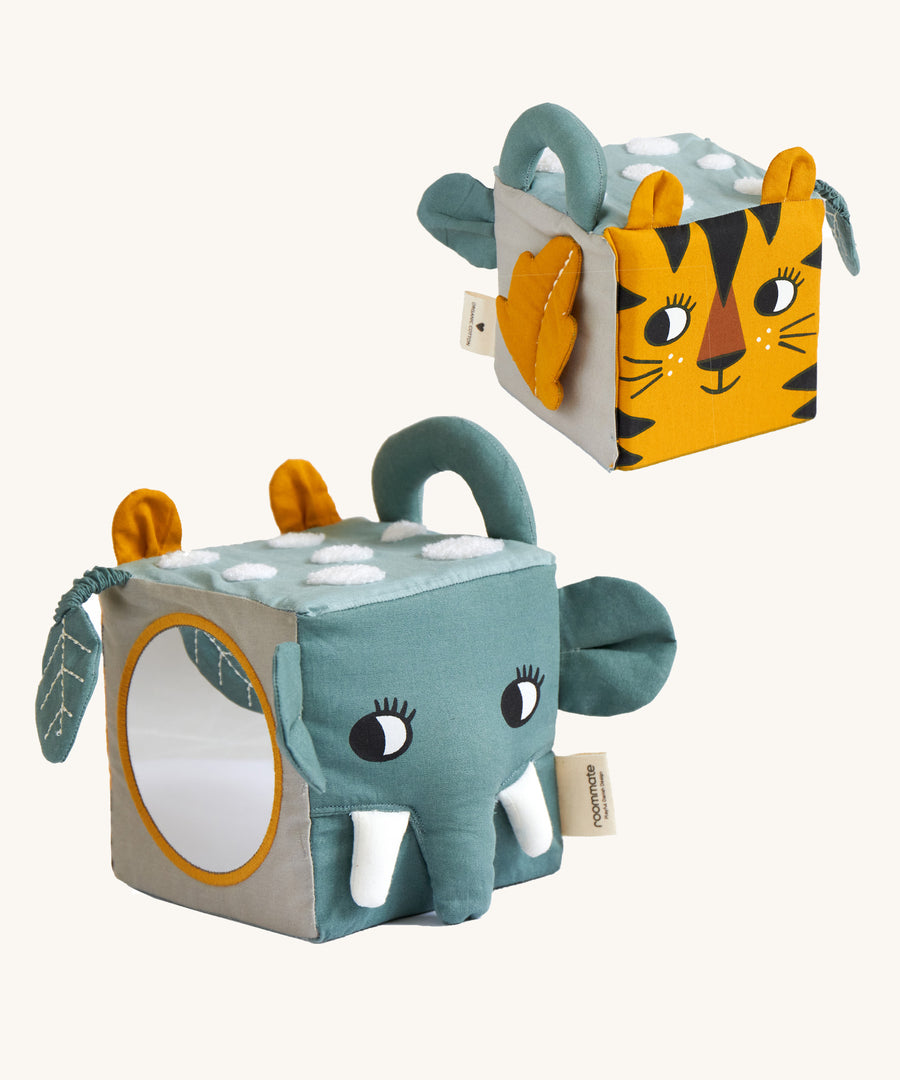 Two Roommate Jungle animals soft Baby Activity Cube toy showing different sides of the cube. 