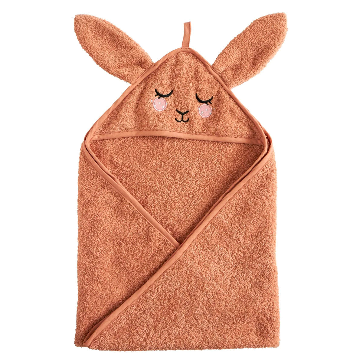 Roommate kids organic cotton hooded bunny baby towel folded in a square on a white background