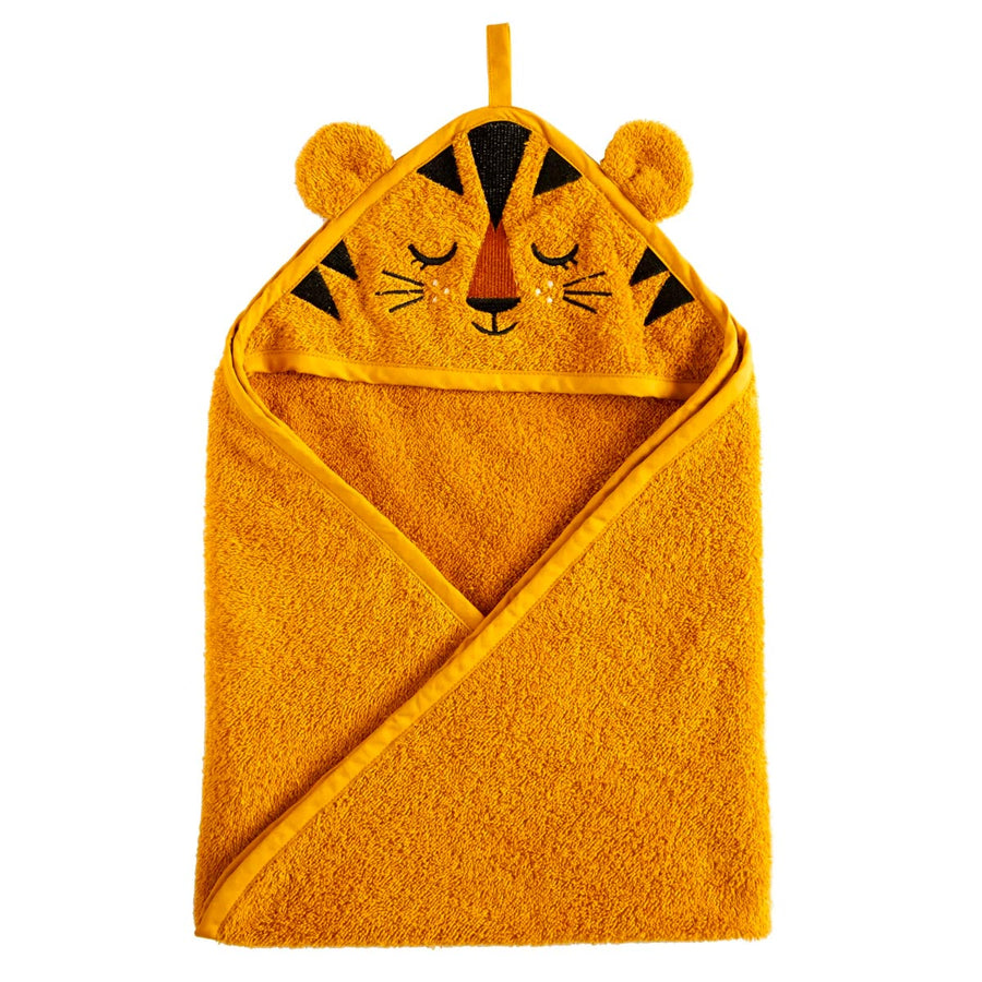 Roommate kids organic cotton hooded tiger towel folded on a white background