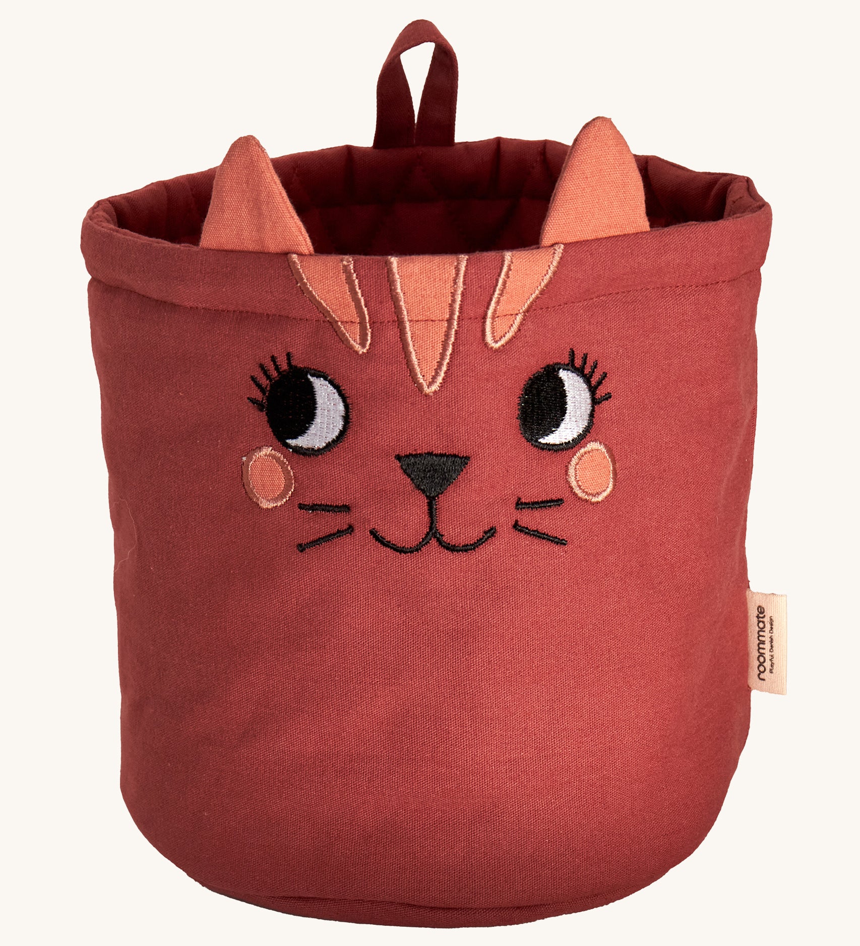 Roommate Mini Quilted Basket - Cat in red. A curious embroidered cat face with fabric ears and a fabric hook