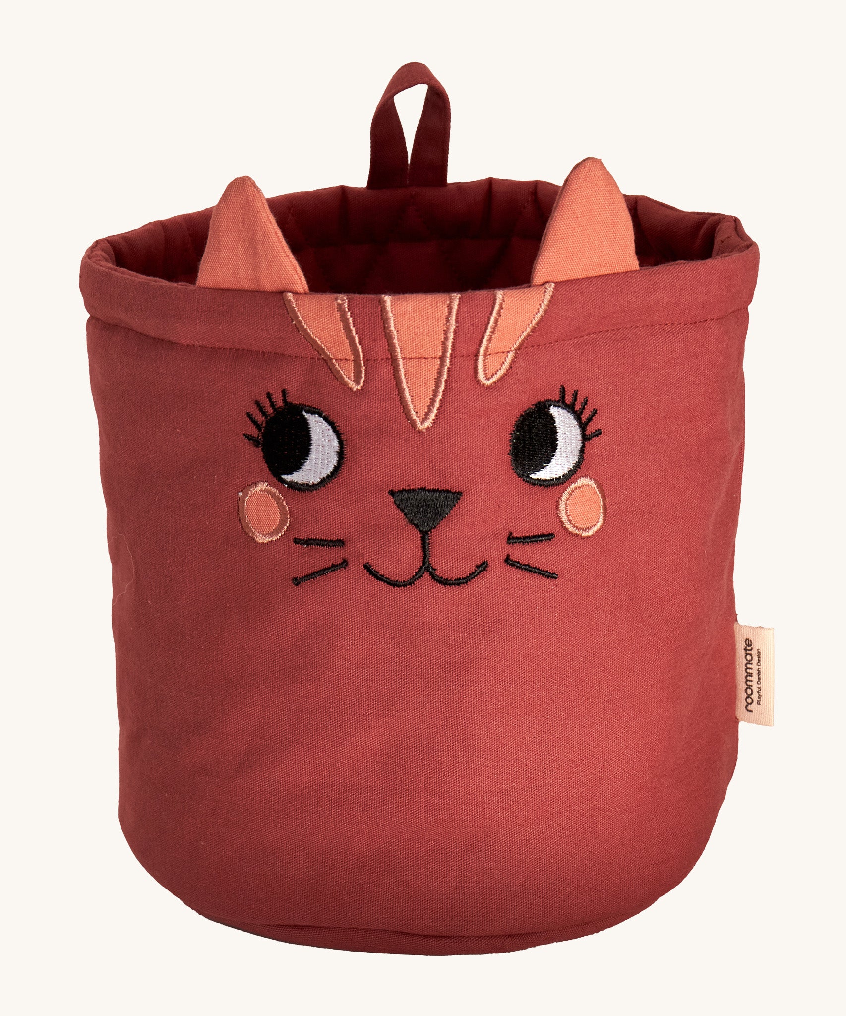 Roommate Mini Quilted Basket - Cat in red. A curious embroidered cat face with fabric ears and a fabric hook