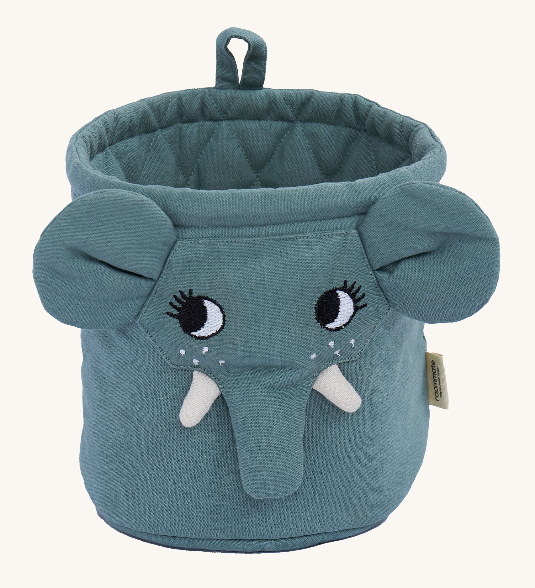 Roommate Mini Quilted Basket - Elephant in dark grey/blue. A curious embroidered elephant face with fabric ears, tusks and trunk, and a fabric hook