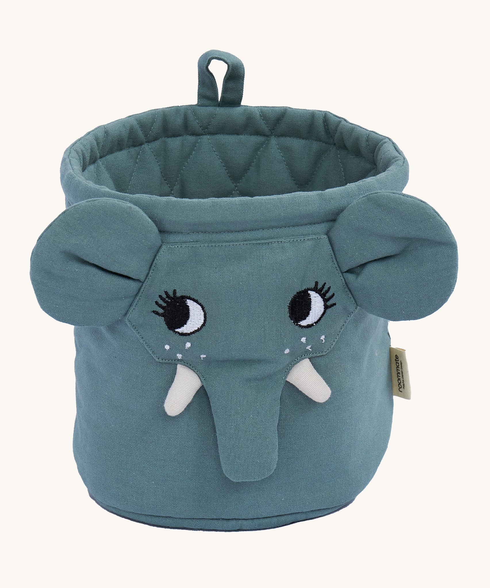 Roommate Mini Quilted Basket - Elephant in dark grey/blue. A curious embroidered elephant face with fabric ears, tusks and trunk, and a fabric hook