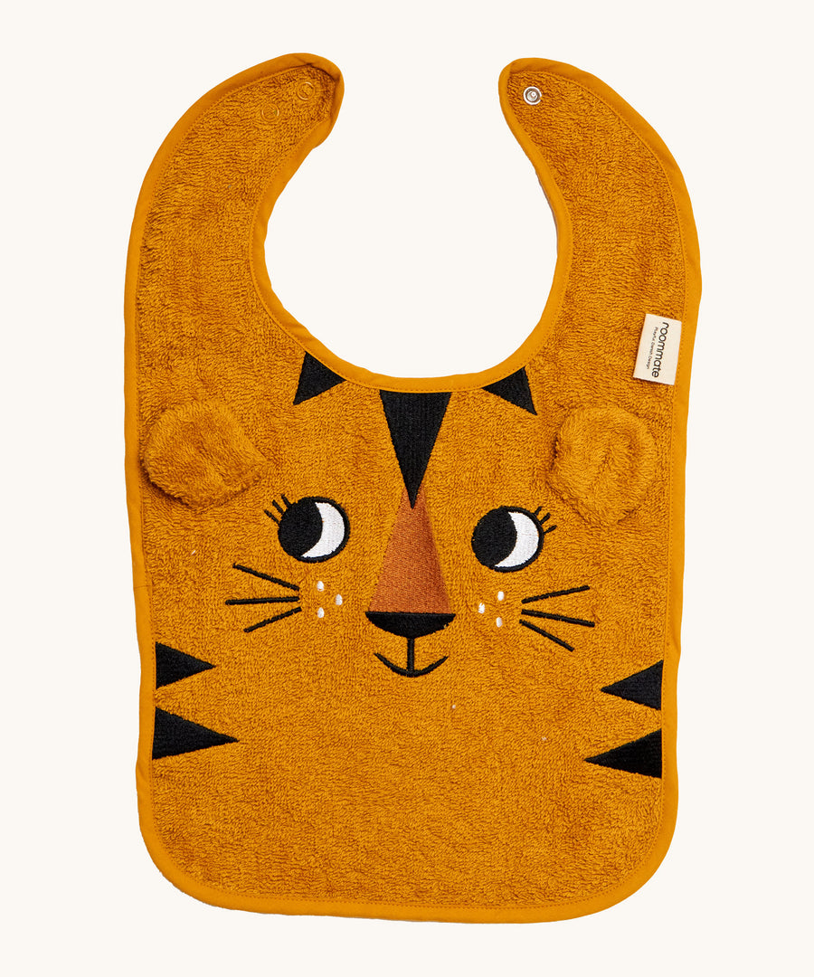 Roommate Organic Cotton Baby Bib - Tiger in a soft toweled fabric, with a happy embroidered face, soft ears and black triangles to emulate tiger stripes 