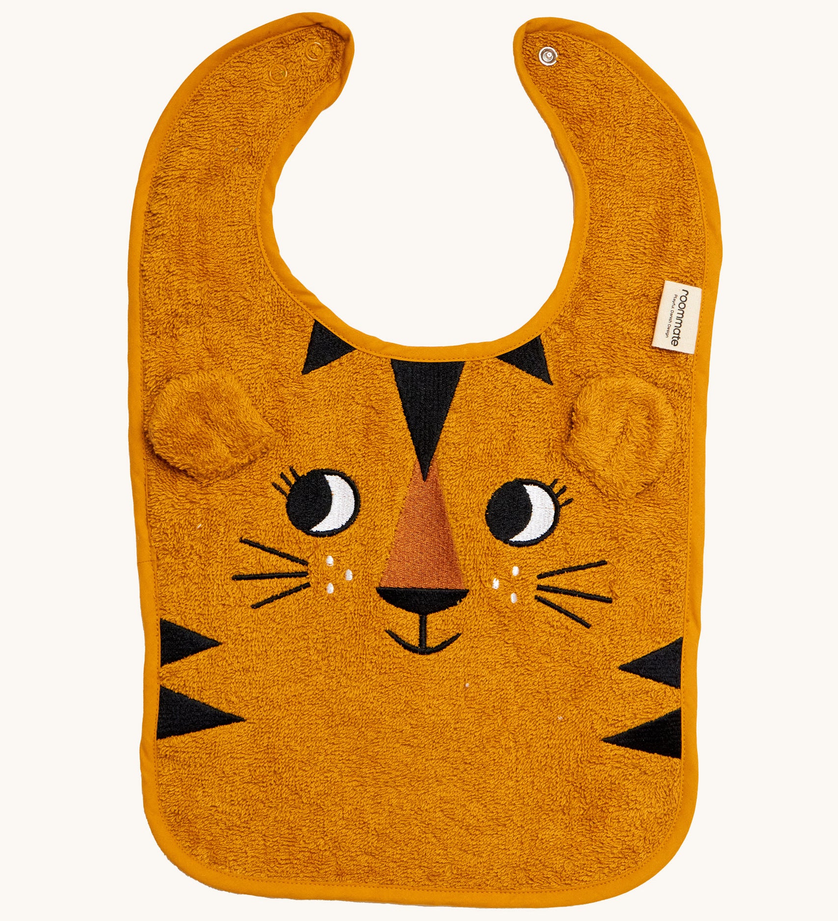 Roommate Organic Cotton Baby Bib - Tiger in a soft toweled fabric, with a happy embroidered face, soft ears and black triangles to emulate tiger stripes 