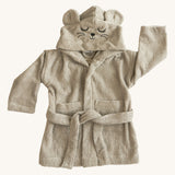 The Roommate kids organic cotton bathrobe dressing gown in light grey with a mouse design and mouse ears. 