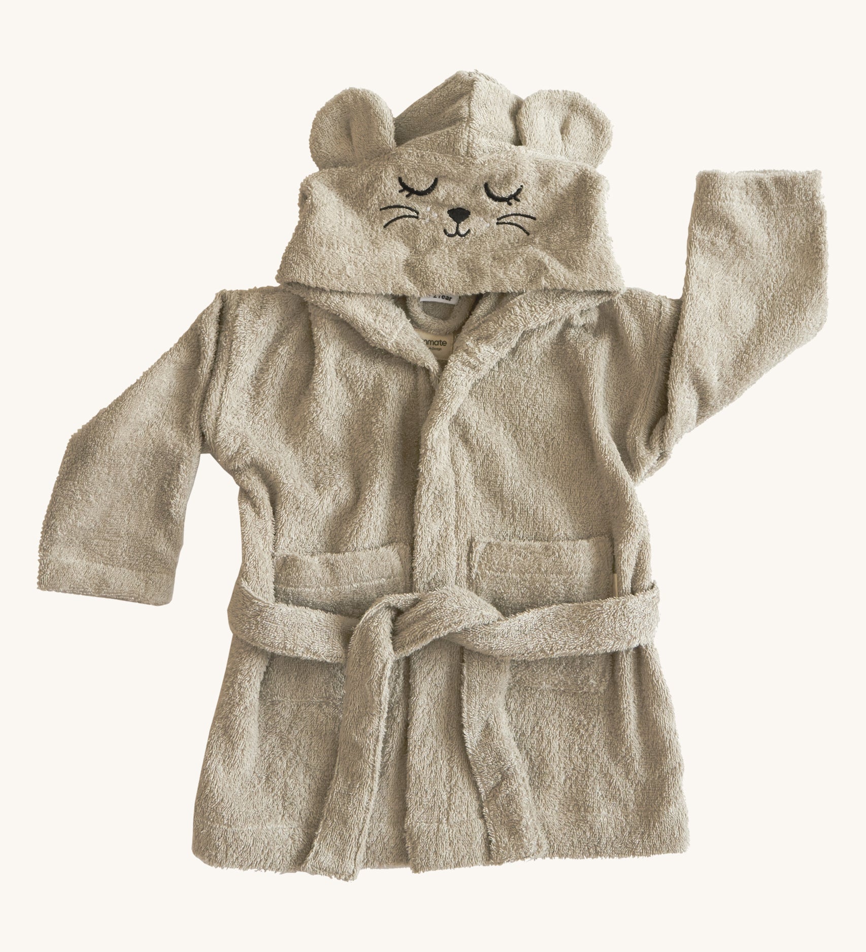 The Roommate kids organic cotton bathrobe dressing gown in light grey with a mouse design and mouse ears. 