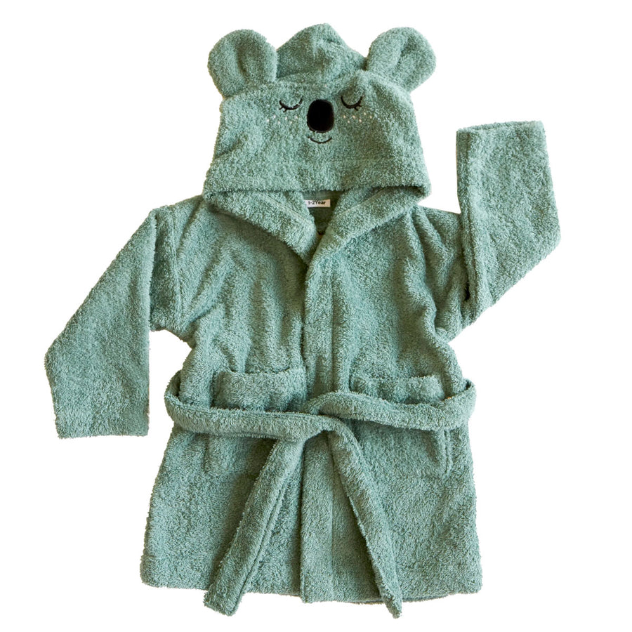 Roommate organic cotton kids bathrobe in the koala design on a white background