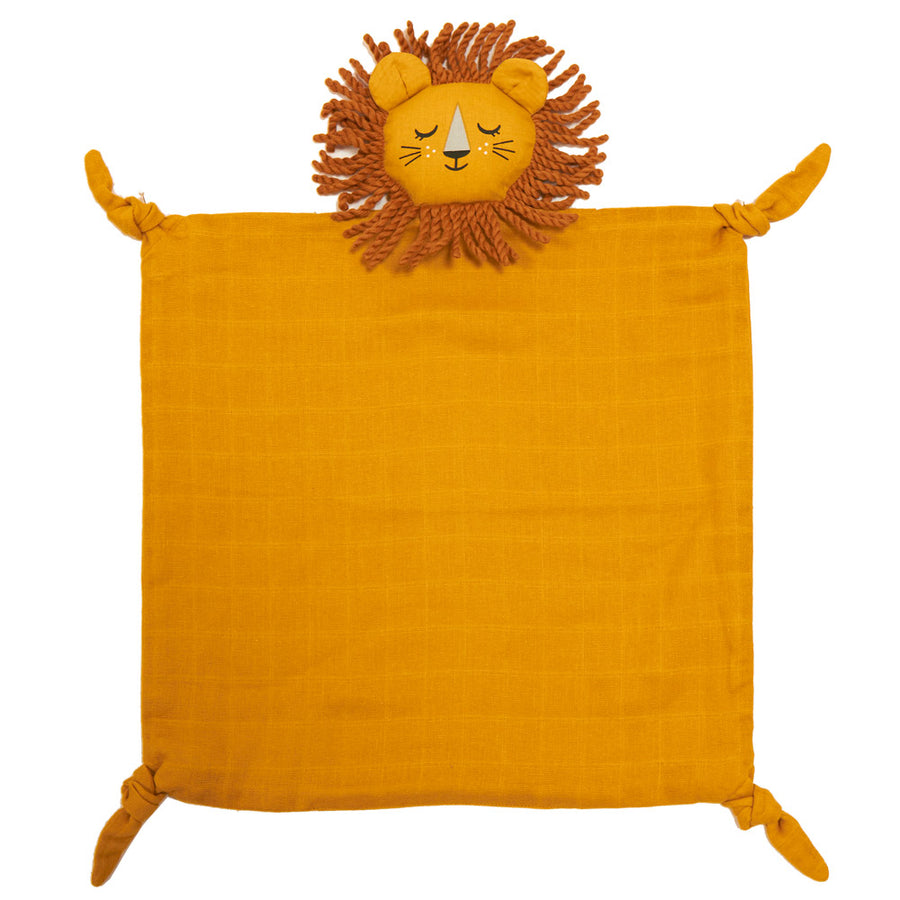 Roommate organic cotton lion baby comfort cloth spread out on a white background