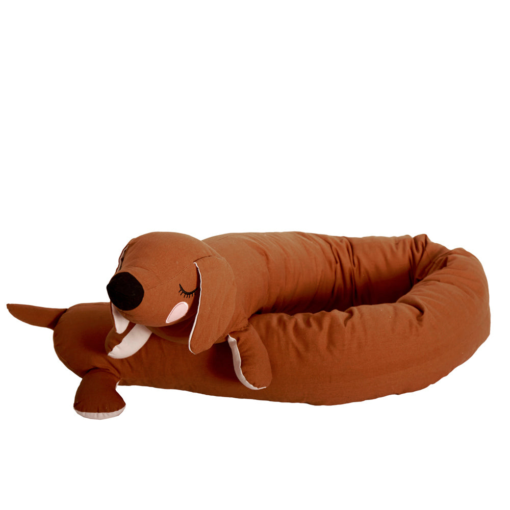 Roommate eco-friendly kids long sleeping dog cushion curled up on a white background