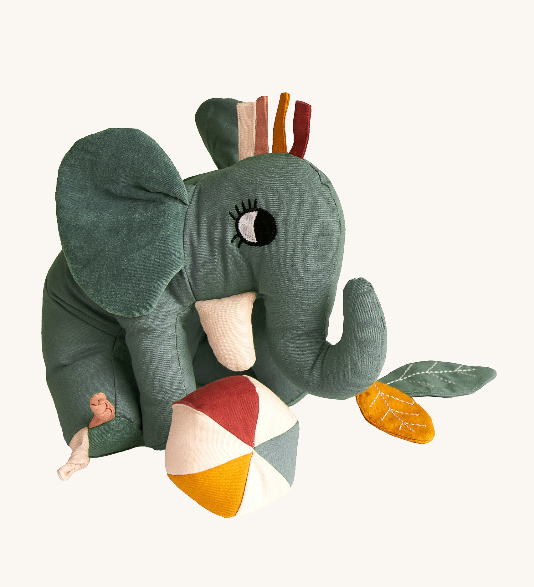 Roommate Elephant activity toy with a friendly embroidered face, big floppy ears, a trunk and toy attachments. Designed with fun details for tiny fingers to fiddle with. This product has many different textures and sounds