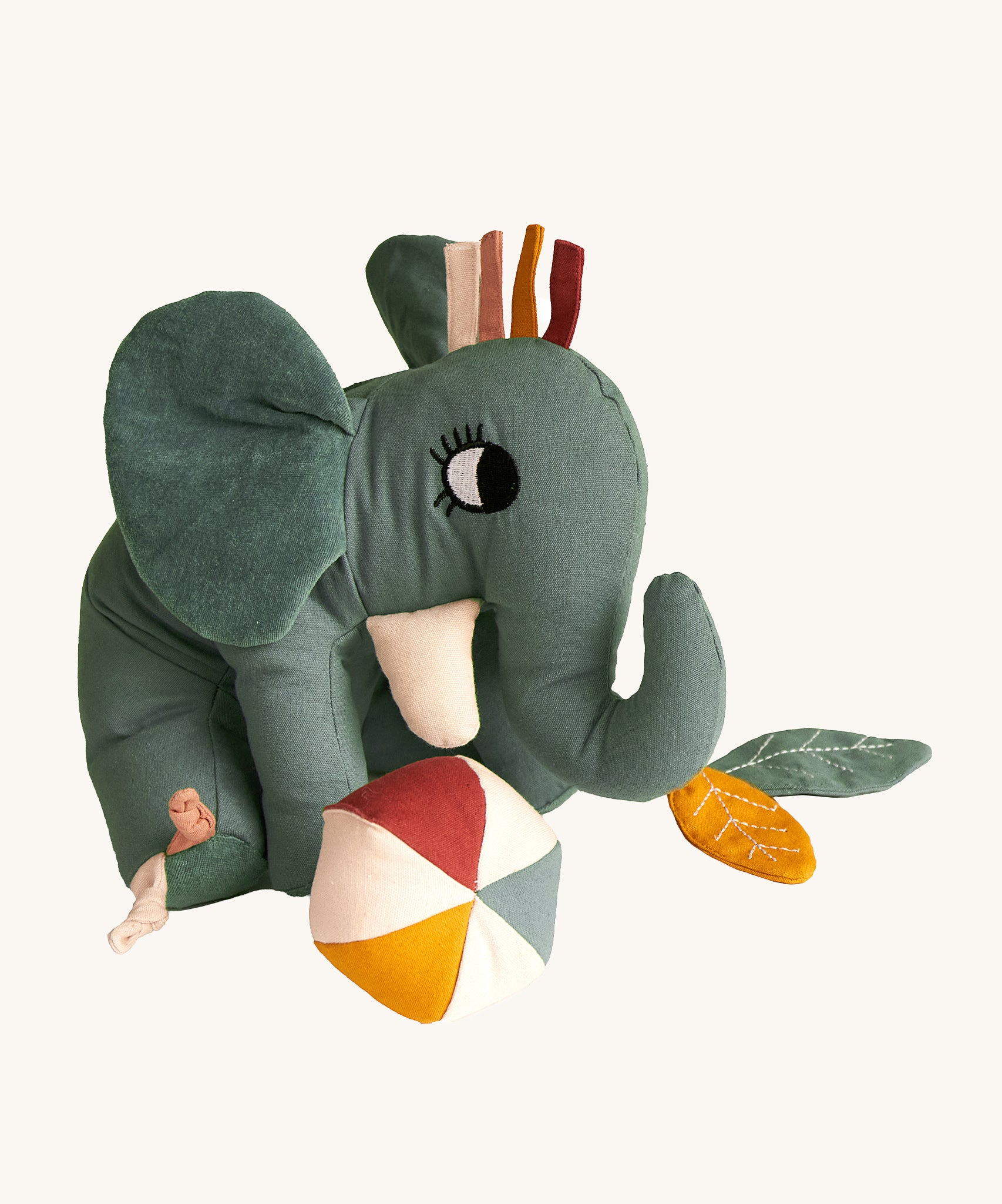 Roommate Elephant activity toy with a friendly embroidered face, big floppy ears, a trunk and toy attachments. Designed with fun details for tiny fingers to fiddle with. This product has many different textures and sounds