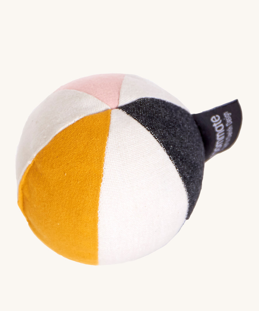 Roommate Canvas Sensory Ball - Rose. A fun soft fabric ball with pink, navy, yellow a white strips and a bell inside