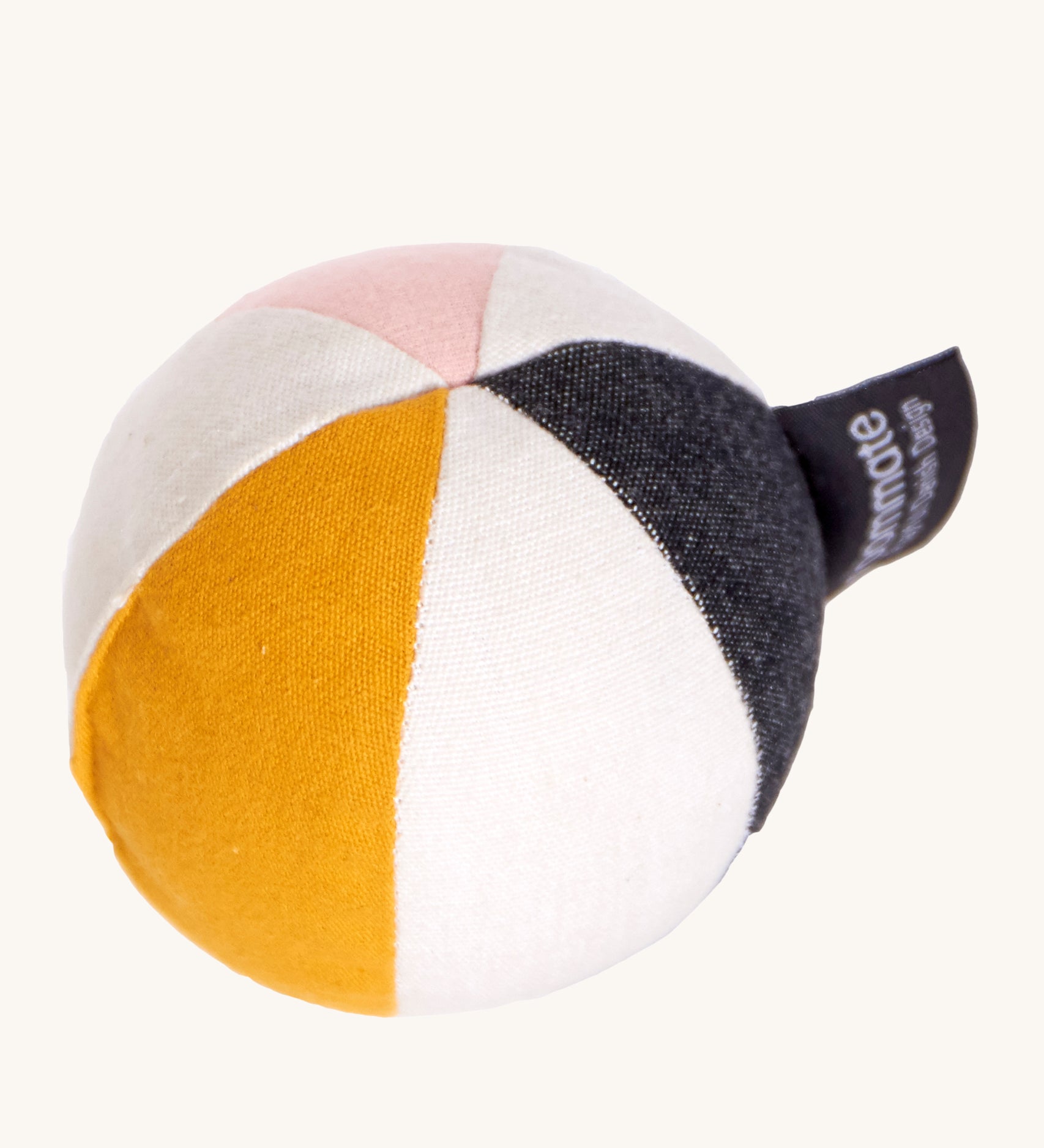 Roommate Canvas Sensory Ball - Rose. A fun soft fabric ball with pink, navy, yellow a white strips and a bell inside