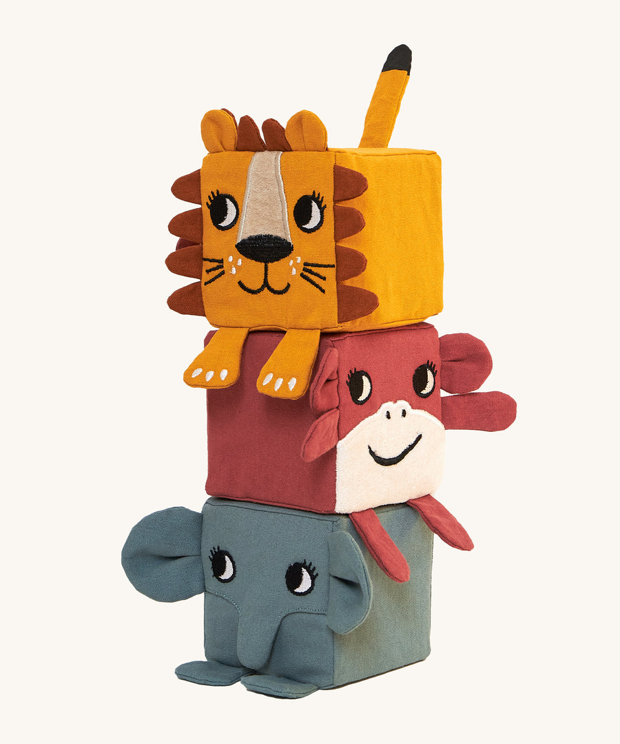 Roommate Soft Animal Stacking Blocks. Soft animal stacking blocks with a lion on top, a monkey in the middle, and an elephant on the bottom. All the blocks have different, movable, fabric parts