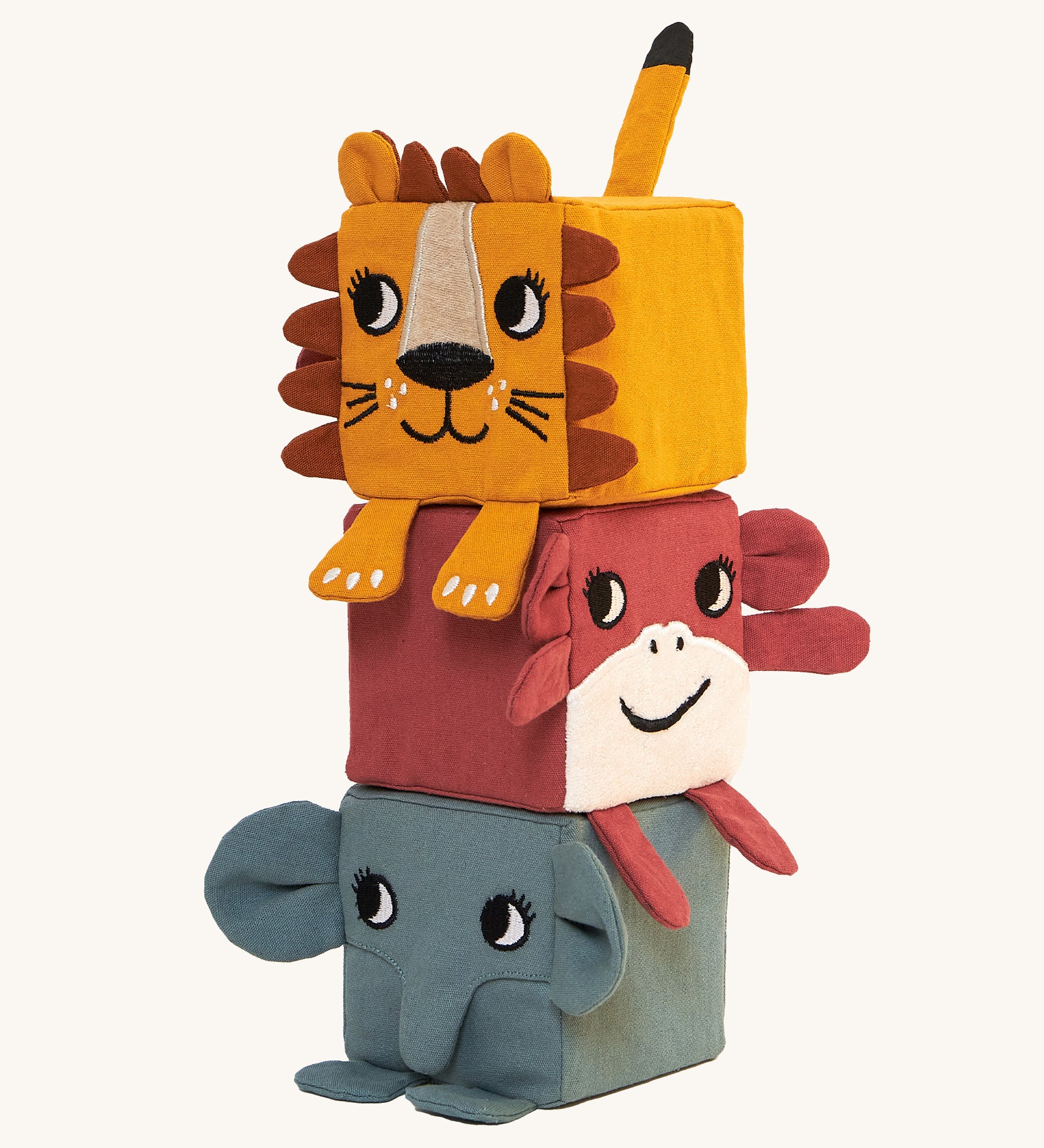 Roommate Soft Animal Stacking Blocks. Soft animal stacking blocks with a lion on top, a monkey in the middle, and an elephant on the bottom. All the blocks have different, movable, fabric parts