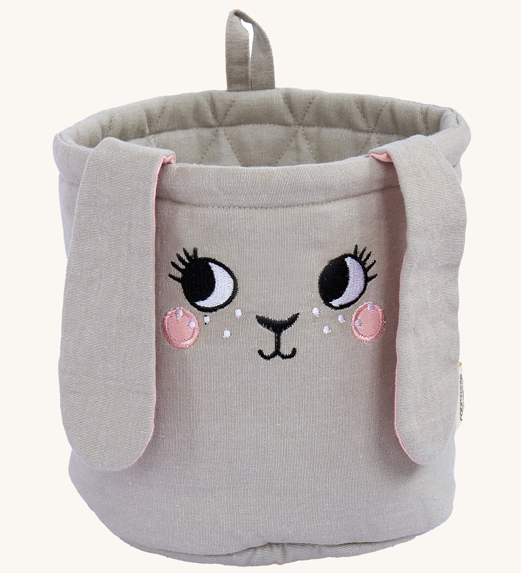 The Roommate Mini Quilted Basket - Bunny, in light grey. With floppy fabric ears and a sweet embroidered face, and a small fabric hook loop