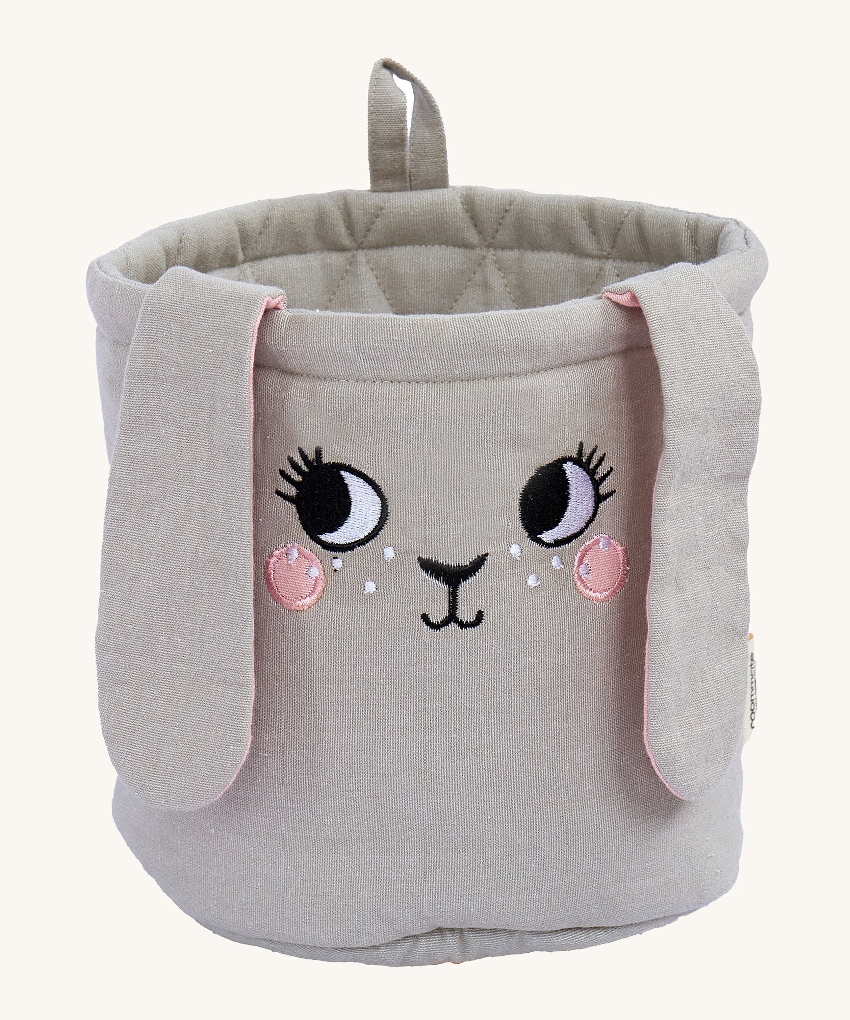 The Roommate Mini Quilted Basket - Bunny, in light grey. With floppy fabric ears and a sweet embroidered face, and a small fabric hook loop