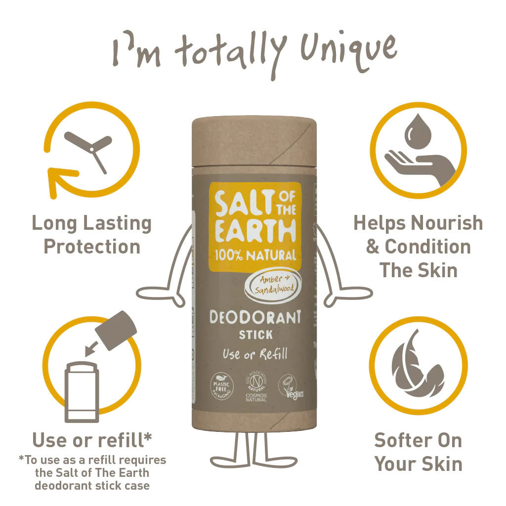 Salt of the Earth plastic-free amber and sandalwood solid deodorant stick infographic