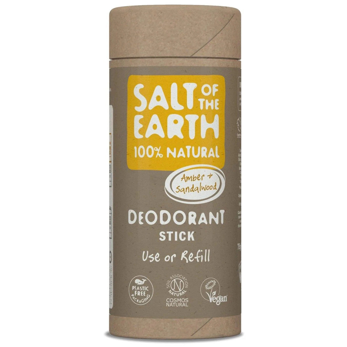 Salt of the Earth plastic-free amber and sandalwood solid deodorant stick on a white background