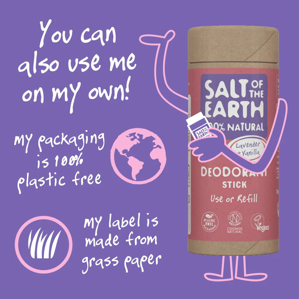 Salt of the Earth Lavender & Vanilla Deodorant Stick packaging infographic