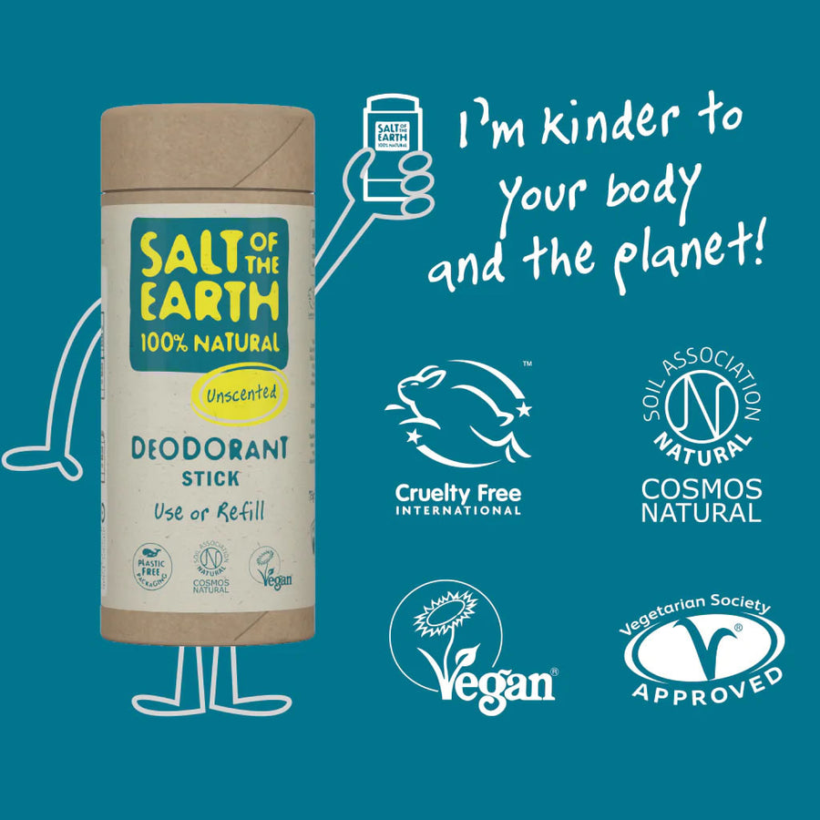 Salt of the Earth Unscented Deodorant Stick 75g cruelty free infographic